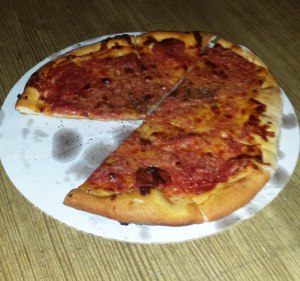 A Santarpio's pepperoni and garlic pizza.